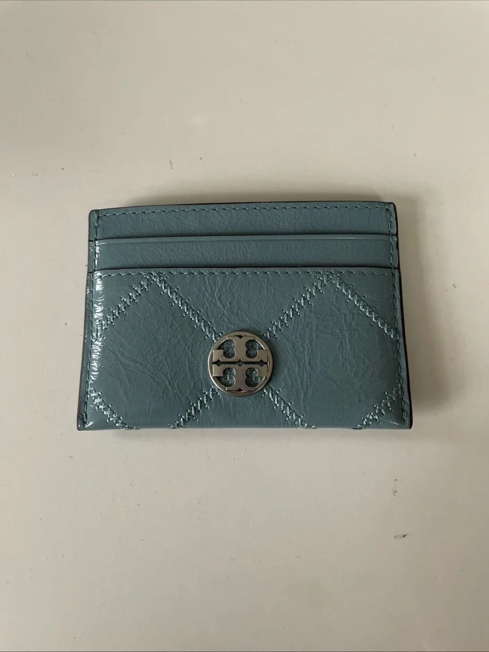 Tory Burch Blue Quilted Leather Card Holder with Logo